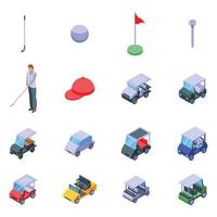 golfbil ikoner set, isometrisk stil vektor