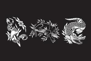 Grafikdesign schwarz und weiß von Krokodil, schwarzem Panther und Schlangenvektorillustration vektor