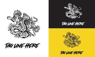 logotyp tiger och orm slåss svart och vit vektor design