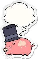 Cartoon-Schwein mit Hut und Gedankenblase als bedruckter Aufkleber vektor