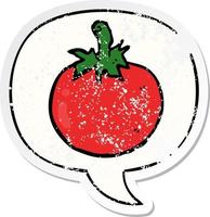 Cartoon Tomate und Sprechblase beunruhigter Aufkleber vektor