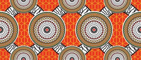 Afrikanisches ethnisches traditionelles rotes orange Farbmuster. nahtlose schöne Kitenge, Chitenge-Stil. Modedesign in bunt. abstraktes motiv des geometrischen kreises. florale Ankara-Drucke, afrikanische Wachsdrucke. vektor