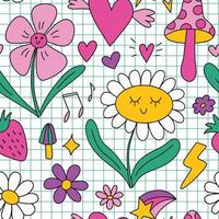 doodle clip art element set. skisserade ljusa färgglada designelement - leende tusensköna blomma, hjärtan, jordgubbe, stjärnor. söt retro färgglada vektor klipp samling