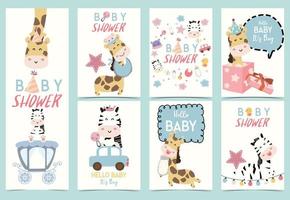 samling av baby shower set med zebra, giraff, hatt, stjärna, bil och anka