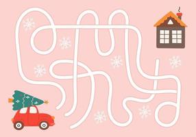 Labyrinth, hilf dem Auto mit dem Weihnachtsbaum, den richtigen Weg zum Haus zu finden. logische Suche für Kinder. süße illustration für kinderbücher, lernspiel vektor