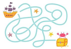 Labyrinth, hilf dem Piratenschiff, den richtigen Weg zur Schatztruhe zu finden. logische Suche für Kinder. süße illustration für kinderbücher, lernspiel vektor