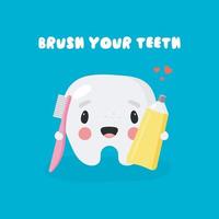 Poster über Zahnhygiene im Cartoon-Stil. die abbildung zeigt lustige zahn, zahnpasta und zahnbürste. Zahnkonzept für Kinderzahnheilkunde und Kieferorthopädie. Vektor-Illustration.