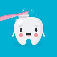 affisch om tandhygien i tecknad stil. illustrationen visar roliga tand och tandborste. tandkoncept för barntandvård och ortodonti. vektor illustration.