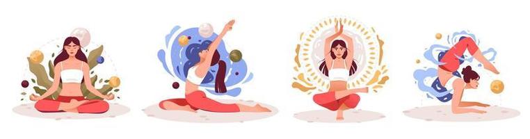 kvinnor utövar yoga och meditation. utöva meditation. begreppet zen och harmoni. mental hälsa. en tjej i olika yogaställningar. vektor illustration