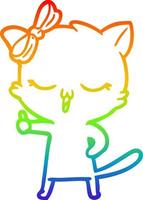 Regenbogen-Gradientenlinie Zeichnung Cartoon-Katze mit Schleife auf dem Kopf vektor