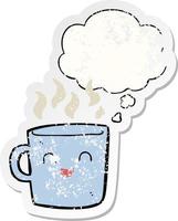 süßer Kaffeetassen-Cartoon und Gedankenblase als beunruhigter, abgenutzter Aufkleber vektor