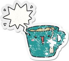 niedliche Cartoon-Kaffeetasse und Sprechblase beunruhigter Aufkleber vektor