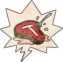 Cartoon gekochtes Steak und Gabel und Sprechblase im Retro-Textur-Stil
