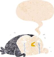 Cartoon weinender Pinguin und Sprechblase im strukturierten Retro-Stil vektor