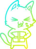 Kalte Gradientenlinie Zeichnung Cartoon zischende Katze mit Weihnachtsgeschenk vektor