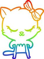 Regenbogen-Gradientenlinie zeichnet niedliche Cartoon-Katze mit Schleife vektor