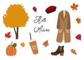 hallo herbst flache vektorsatzillustration. warmer mantel, orangefarbener kürbis, brauner stiefel, baskenmütze, kaffeetasse, herbstblätter. isoliert auf weißem Hintergrund. ideal für Karten, Druck, Aufkleber. vektor