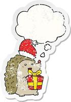 Cartoon-Igel mit Weihnachtsmütze und Gedankenblase als verzweifelter, abgenutzter Aufkleber vektor