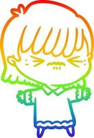Regenbogengradientenlinie Zeichnung verärgertes Cartoon-Mädchen vektor