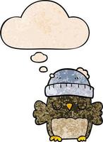 niedliche Cartoon-Eule mit Hut und Gedankenblase im Grunge-Texturmuster-Stil vektor