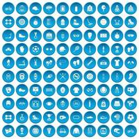 100 Symbole für Sportzubehör blau gesetzt vektor