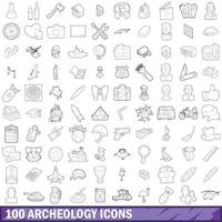 100 arkeologi ikoner set, kontur stil vektor