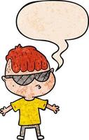 tecknad pojke bär solglasögon och pratbubbla i retro textur stil vektor