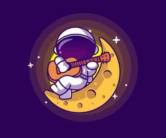 illustration des astronautenmaskottchens, das auf dem mond gitarre spielt. Symbolvektor, flacher Cartoon-Stil.