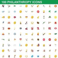 100 filantropi ikoner set, tecknad stil vektor