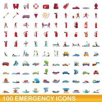 100 nödsituationer ikoner set, tecknad stil vektor