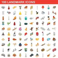 100 Wahrzeichen-Icons gesetzt, isometrischer 3D-Stil vektor