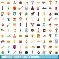 100 födelsedagsfest ikoner set, tecknad stil vektor