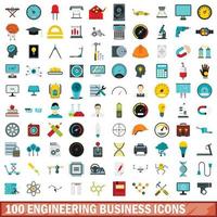 100 engineering business ikoner set, platt stil vektor