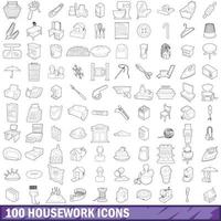 100 Hausarbeitssymbole gesetzt, Umrissstil vektor