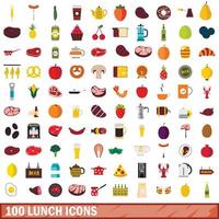 100 lunch ikoner set, platt stil vektor