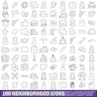 100 Nachbarschaftssymbole gesetzt, Umrissstil vektor