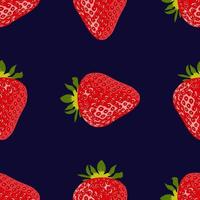 reife rote Erdbeeren auf dunkelblauem Hintergrund. nahtloses Muster mit Beeren. Bio-Lebensmittel für eine gesunde Ernährung. vektor