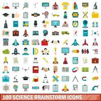 100 vetenskap brainstorm ikoner set, platt stil vektor