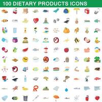 100 dietprodukter ikoner set, tecknad stil vektor