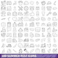 100 Sommerruhe-Icons gesetzt, Umrissstil vektor