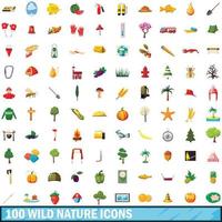 100 wilde Natur-Icons gesetzt, Cartoon-Stil