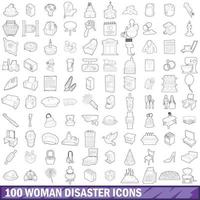 100 Frauen-Katastrophen-Symbole gesetzt, Umrissstil vektor