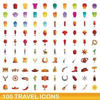 100 resor ikoner set, tecknad stil vektor