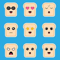 söt rolig glad bröd toast set samling. vektor platt linje tecknad kawaii illustration ikon. toast med ansikte karaktär maskot bunt koncept