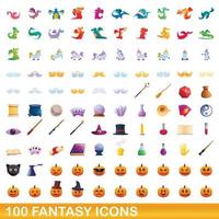 100 fantasy ikoner set, tecknad stil vektor