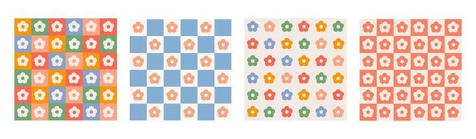 trendiga set sömlösa mönster med geometriskt formade blommor och schackbräde. färgglad vektorbakgrund i retrostil 60-, 70-tal. vektor