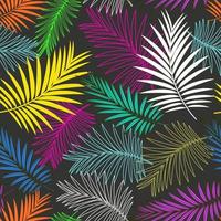 palmblad mönster. tropiska sömlösa färgglada mönster. ljusa sommarfärger. lämplig för tyger, förpackningar och överdrag. mörk bakgrund. vektor design.