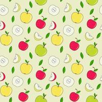 äpple mönster på en ljus bakgrund. massor av färgglada frukter och blad. hela äpplen, halvor och fjärdedelar. grafisk design. vektor