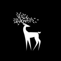 Logo weißer Hirsch auf schwarzem Hintergrund mit den Blättern an den Hörnern. Web-Symbol. Vektor-Illustration