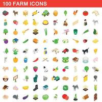 100 gård ikoner set, isometrisk 3d-stil vektor